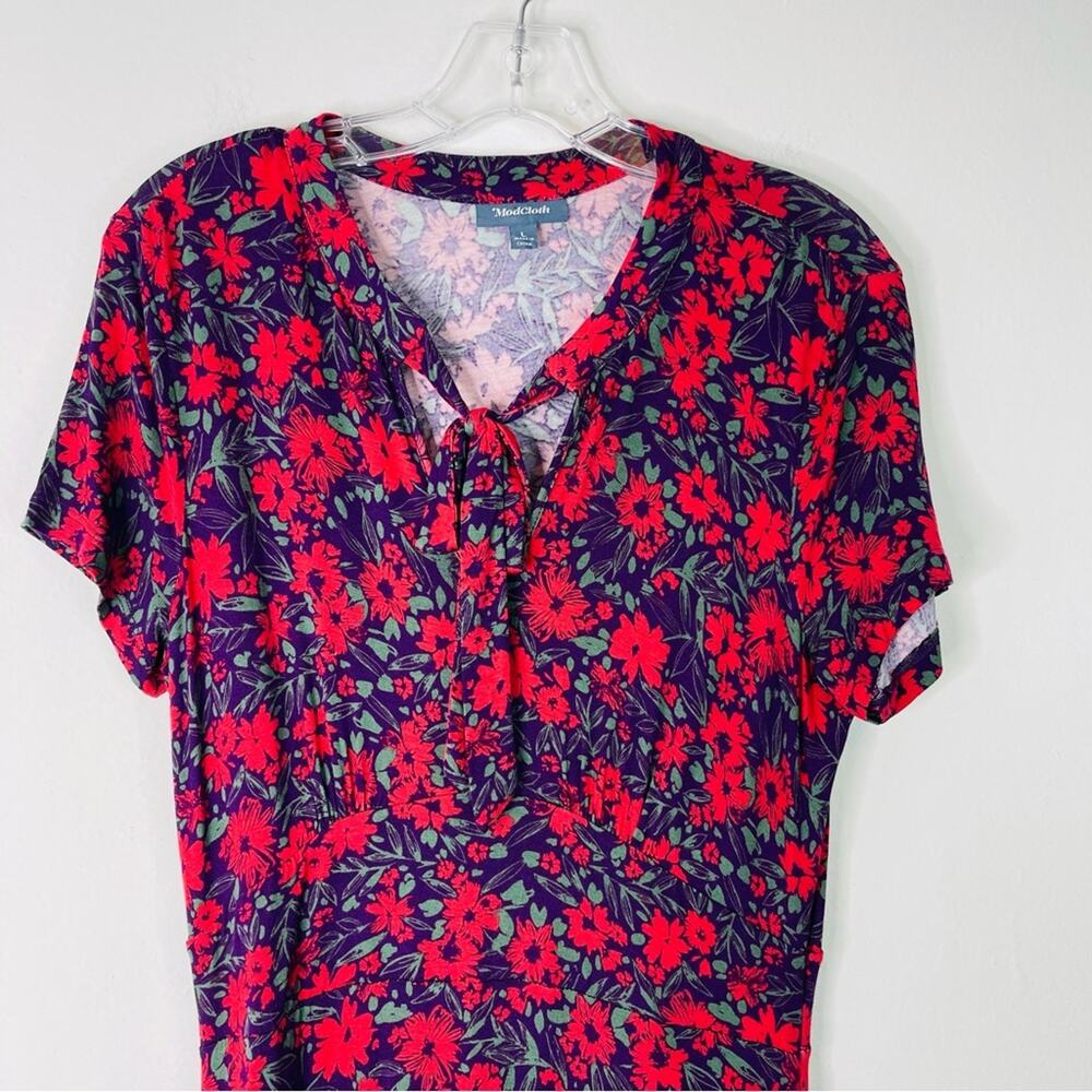 ModCloth red purple floral rockabilly grunge cottagecore midi dress large - Picture 2 of 7